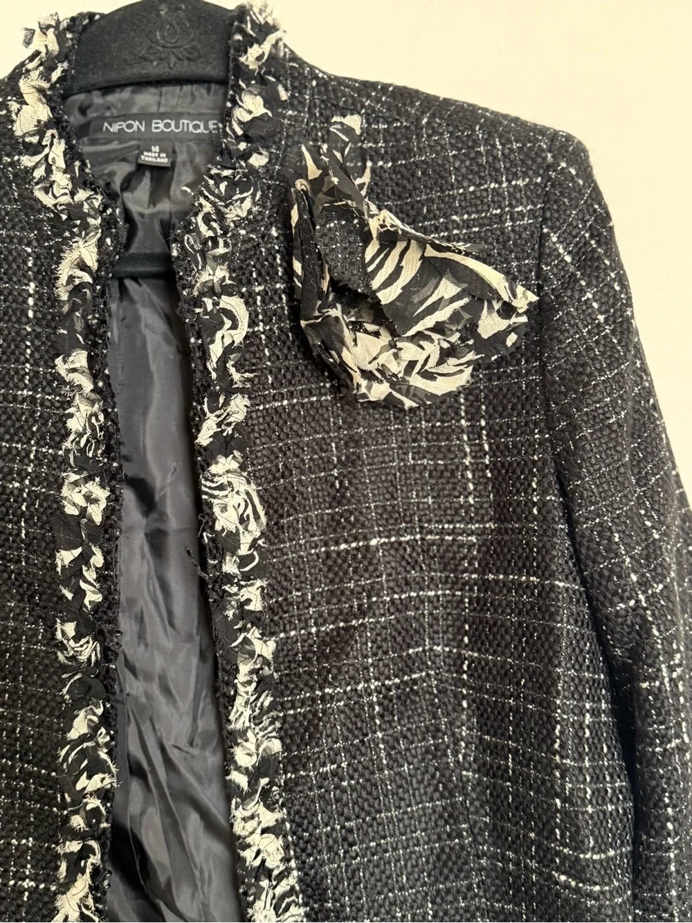 Nipon Boutique Black Tweed Fringe Jacket Size 14 Chanel Inspired Blazer - Picture 4 of 8